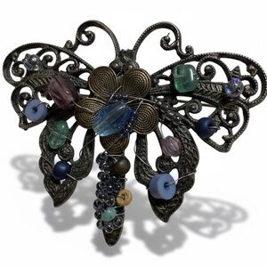 Vintage Filigree Butterfly Brooch – Hand-Wired Stones & Glass Beads